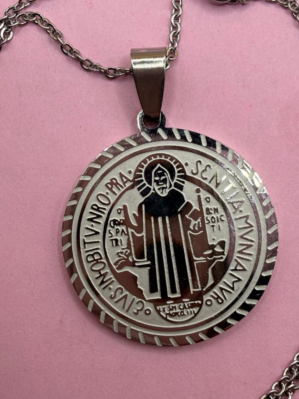 Silver Pendant Necklace Religious Catholic Saint Benedict Stainless Steel New